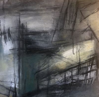 Untitled, oil, cold wax medium and charcoal on wood panel, 16 x 16 in.