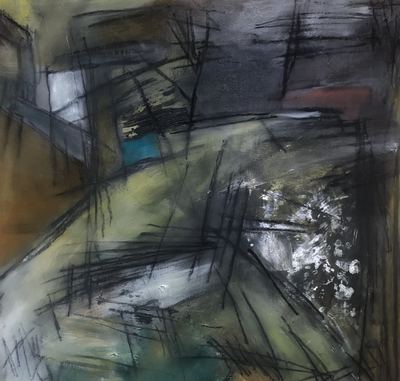 Untitled, oil, cold wax medium and charcoal on wood panel, 24 x 24 in.