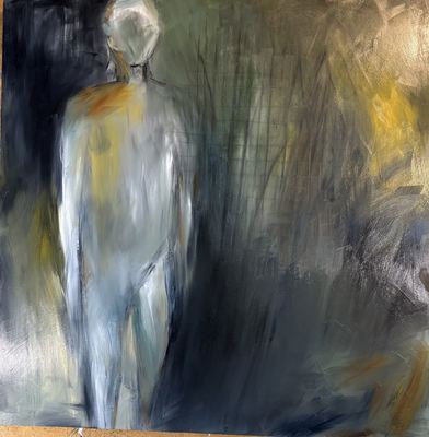 Untitled, oil, cold wax medium and charcoal on wood panel, 48 x 48 in.
