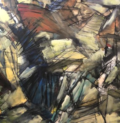 Untitled, oil, cold wax medium and charcoal on wood panel, 48 x 48 in.